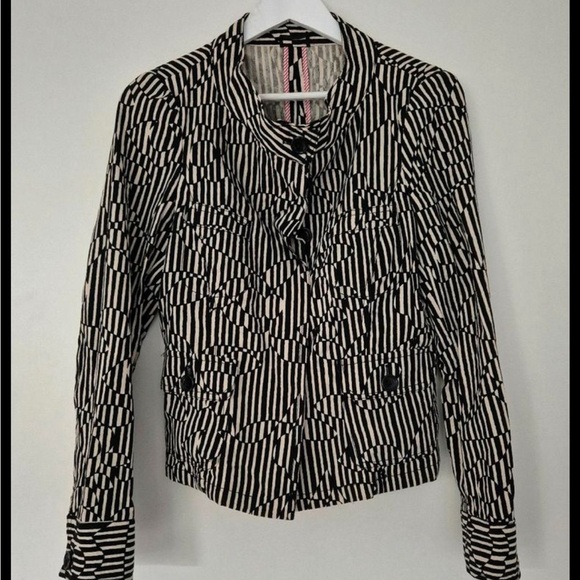 Max Mara Black Cream Striped Cotton Blazer Size 8 - Picture 4 of 8